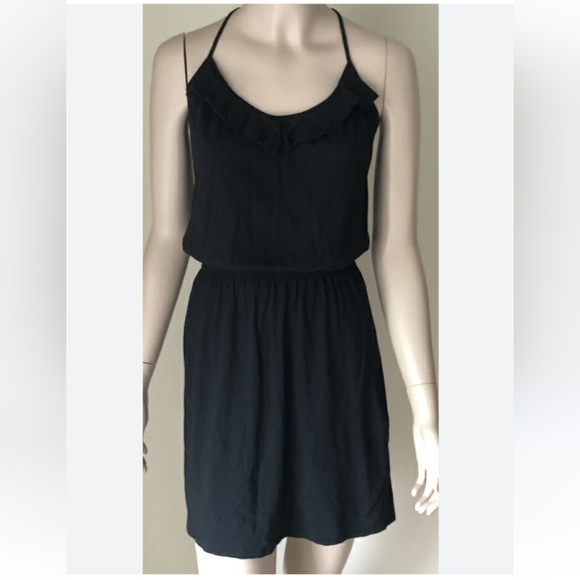 🛍Express Little black Sexy dress mesh trim, drapey front, Skinny straps M - Picture 2 of 6